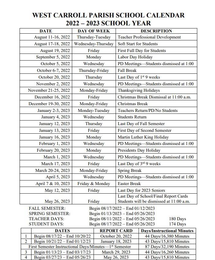 West Carroll Parish Schools Calendar 20242025